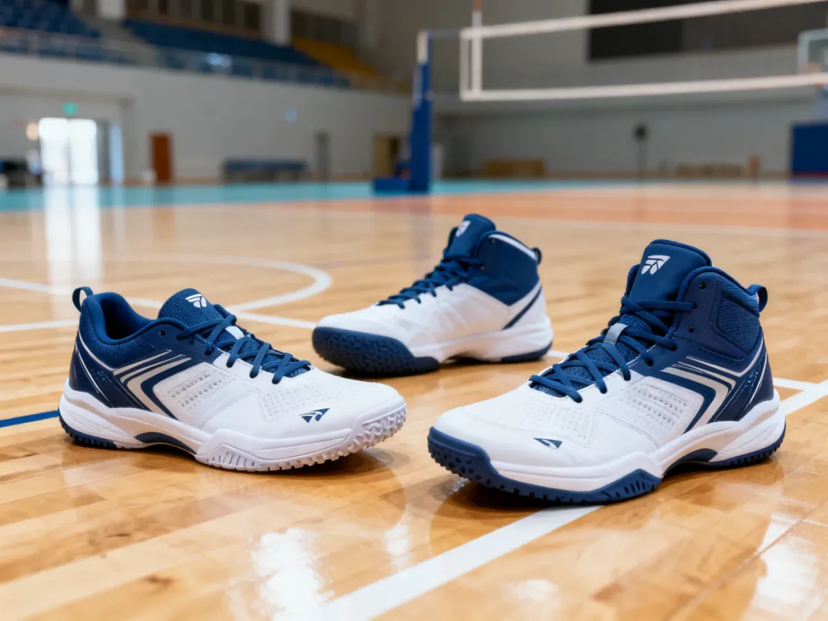 Trzy typy butów do siatkówki: niskie, średnie i wysokie, ustawione na parkiecie hali sportowej