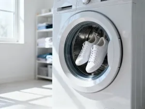 Małe, miękkie buciki niemowlęce na drewnianej podłodze w słonecznym pokoju dziecięcym.