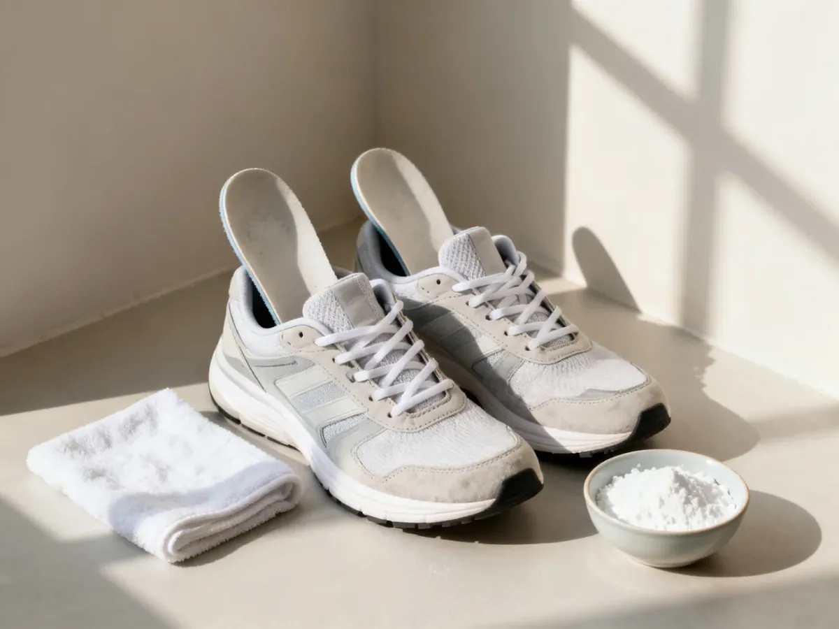 Buty sportowe suszone z wyjętymi wkładkami i sodą oczyszczoną