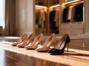 Eleganckie szpilki zestawione z granatową sukienką, prezentujące stylową propozycję obuwia do wieczorowej kreacji.