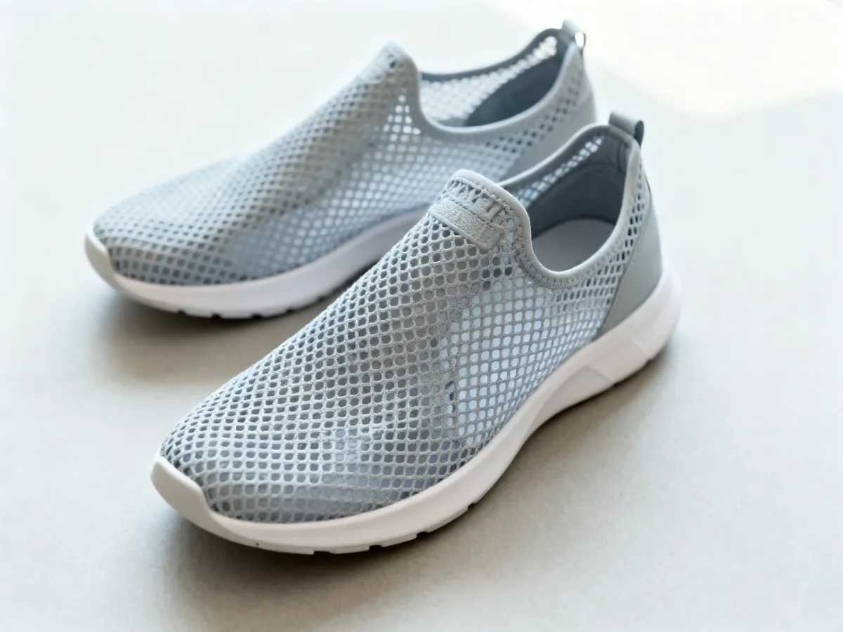 Zbliżenie przewiewnych męskich sneakersów z siateczkową cholewką i elastyczną podeszwą