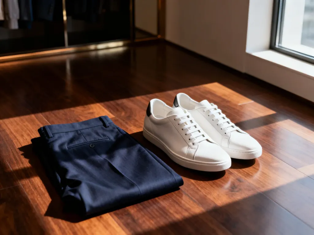 Eleganckie białe sneakersy zestawione z granatowymi spodniami z wełny na tle nowoczesnej garderoby.