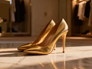 Eleganckie beżowe szpilki z kwadratowym noskiem na marmurowej podłodze w słonecznym wnętrzu butiku.