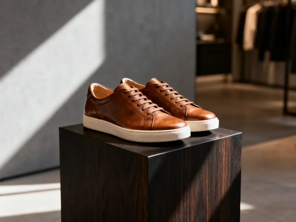 Eleganckie, skórzane sneakersy męskie w minimalistycznym stylu wyeksponowane na drewnianym postumencie.