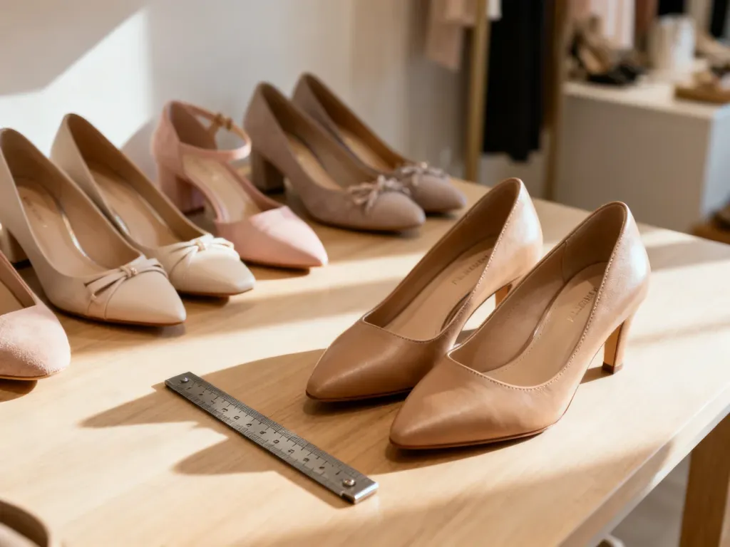 Eleganckie damskie buty obok miarki krawieckiej, ilustrujące proces precyzyjnego dobierania rozmiaru obuwia.