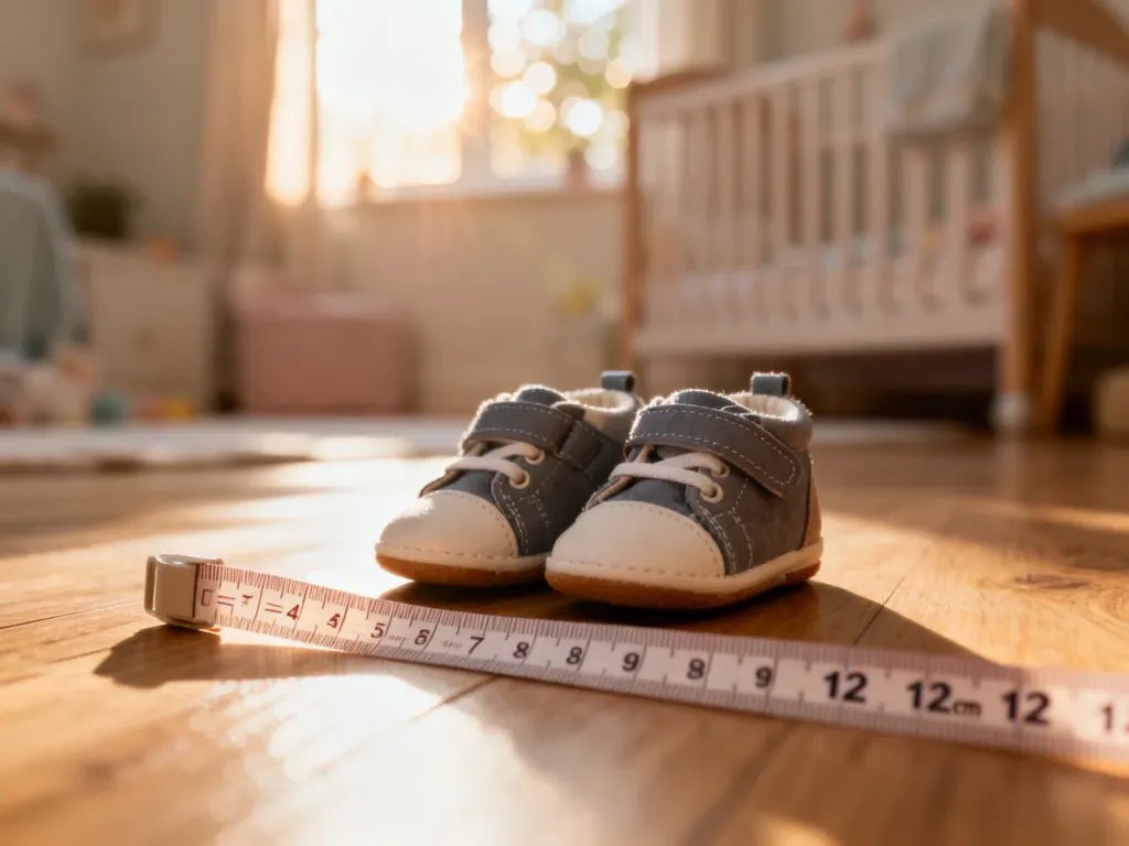 Stylowe buciki dziecięce obok miarki wskazującej 12 cm, ułatwiające dobór odpowiedniego rozmiaru obuwia dla malucha.