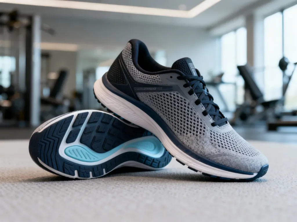 Specjalistyczne buty sportowe z widocznym wsparciem łuku stopy, zaprojektowane z myślą o osobach z płaskostopiem.