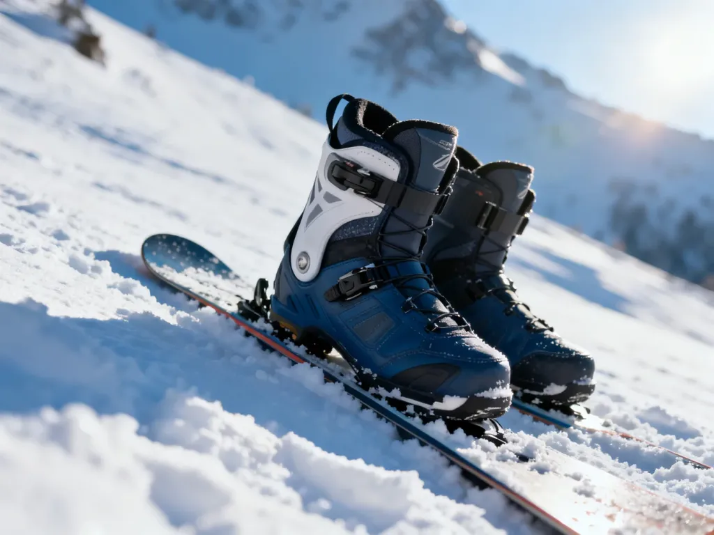 Profesjonalne buty snowboardowe na śniegu na tle górskiego stoku, ilustrujące wybór odpowiedniego sprzętu.