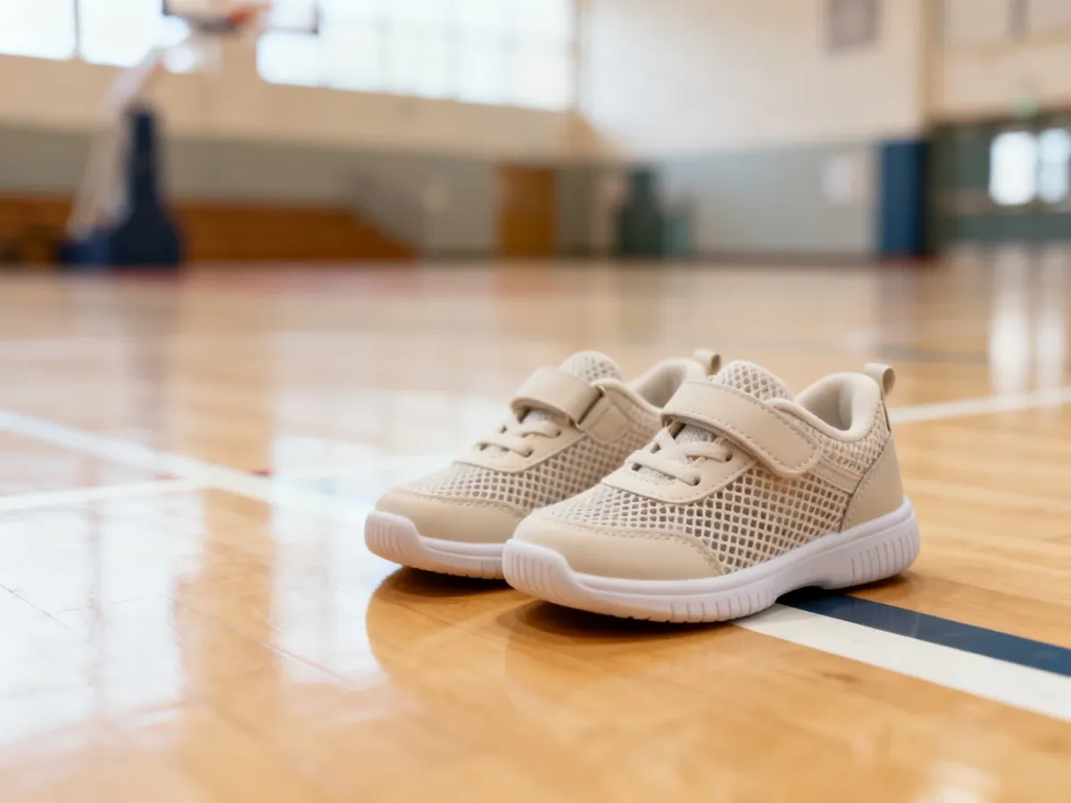 Lekkie sportowe buty dziecięce na tle sali gimnastycznej
