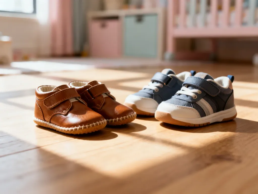 Porównanie skórzanych bucików z miękką podeszwą oraz usztywnianych sneakersów dla dziecka na drewnianej podłodze.