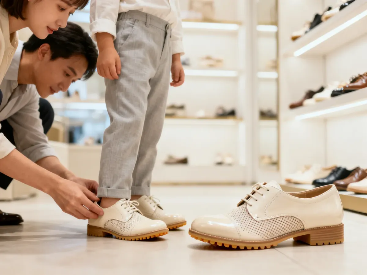Dziecko przymierzające wygodne eleganckie buty wizytowe