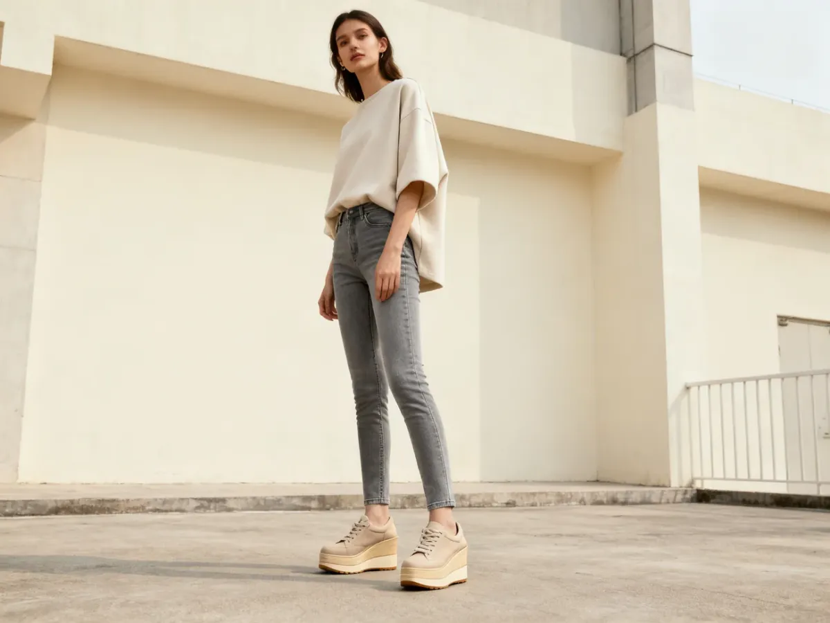 Kobieta w sneakersach na koturnie, jeansach i prostej, luźnej górze
