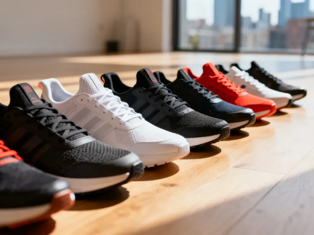 Rząd stylowych, nowoczesnych sneakersów ustawionych na drewnianej podłodze w słonecznym świetle.