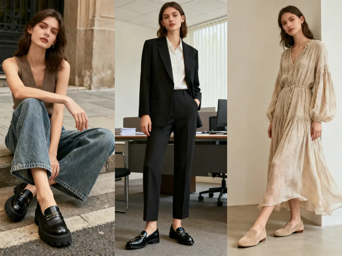 Trzy stylizacje damskie z mokasynami: casualowa, biurowa i boho