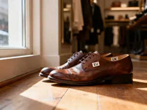 Dłonie wiążące ozdobny węzeł na sznurówkach skórzanych sneakersów w słonecznym przedpokoju.