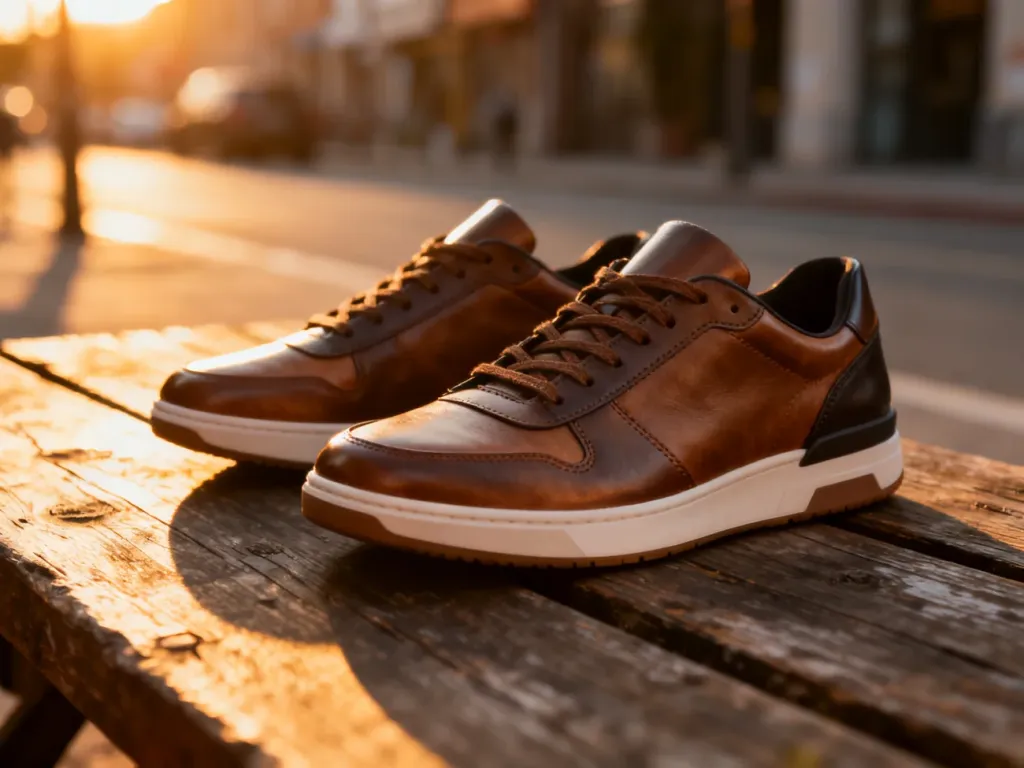 Stylowe skórzane sneakersy na drewnianym podłożu w świetle zachodzącego słońca.