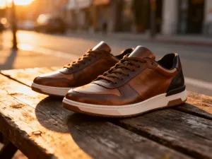 Kolekcja stylowego obuwia męskiego: skórzane sneakersy, zamszowe botki i minimalistyczne mokasyny na drewnianej podłodze.