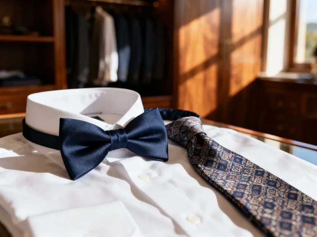 Granatowa mucha i wzorzysty krawat leżące na białej koszuli, prezentujące eleganckie opcje dodatków na wesele.