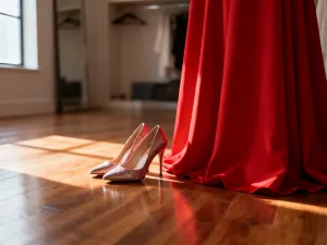 Eleganckie czółenka typu slingback wyeksponowane na marmurowym postumencie w luksusowym butiku.