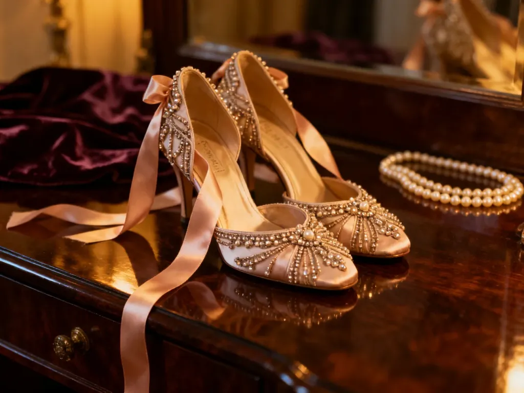 Eleganckie szpilki w stylu lat 20. ozdobione koralikami i wstążkami, ustawione na drewnianej toaletce w klimacie glamour.