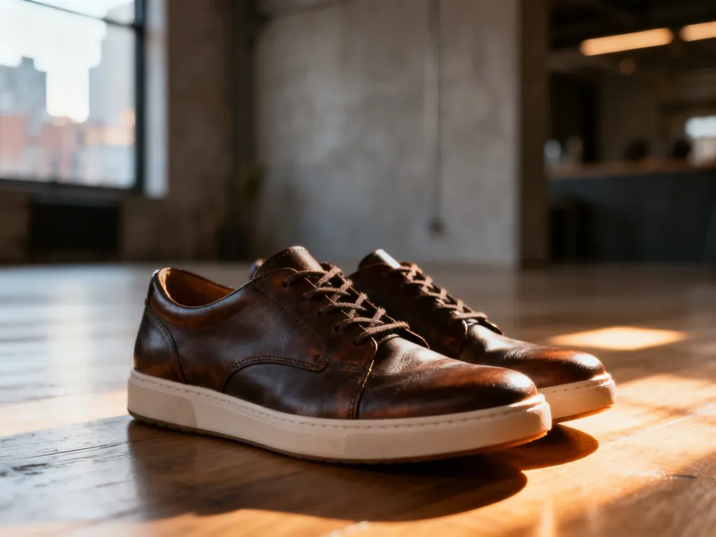 Stylowe męskie sneakersy ze skóry na drewnianej podłodze w nowoczesnym lofcie, idealne do codziennych stylizacji.