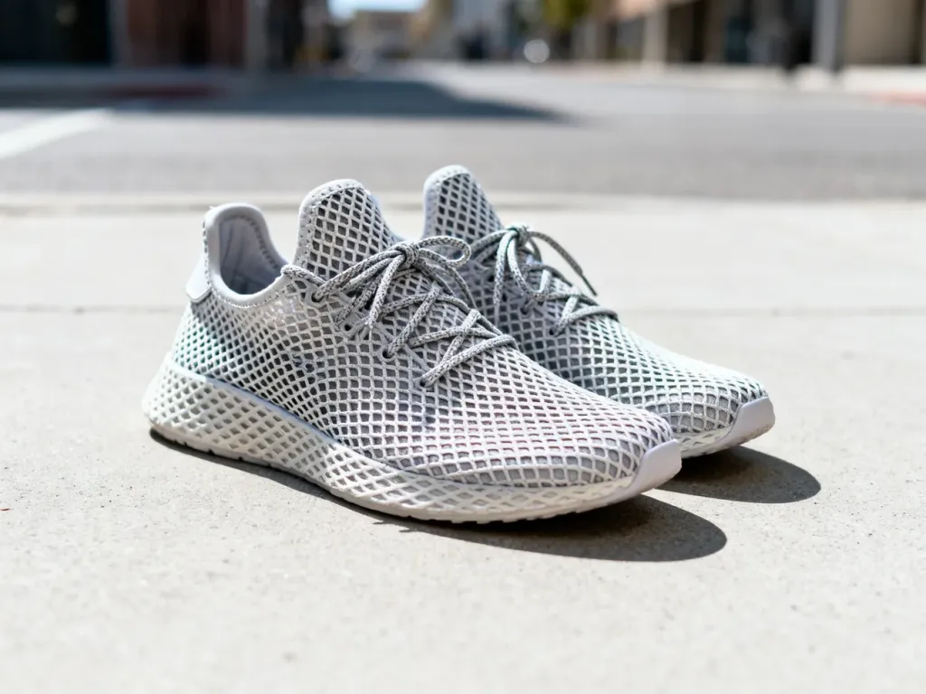 Zbliżenie na buty Adidas Deerupt z widocznym wiązaniem sznurowadeł na minimalistycznym, betonowym tle.