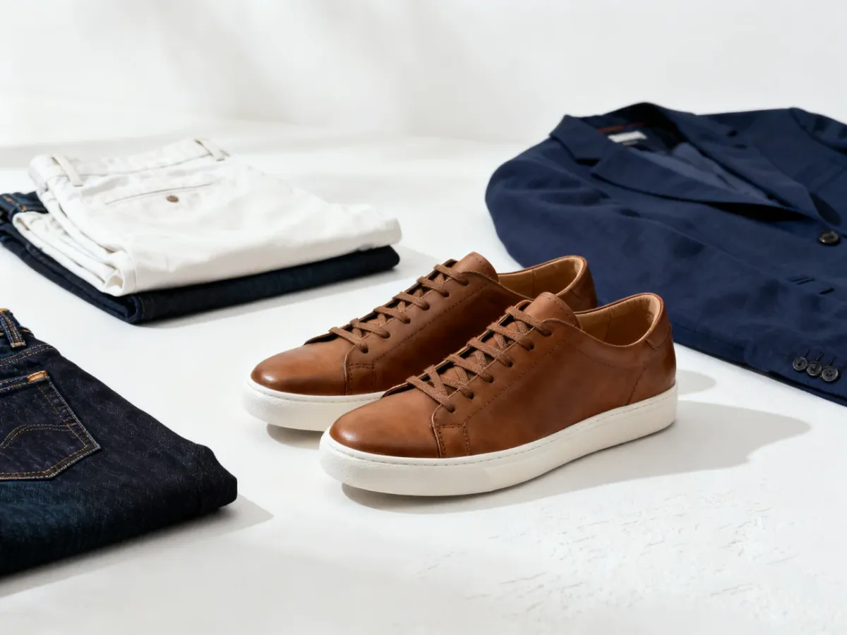 Minimalist men's leather sneakers styled with smart-casual clothing