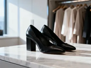 Profesjonalna miarka do stóp na drewnianej podłodze w tle z eleganckimi męskimi butami, ułatwiająca dobór rozmiaru obuwia.