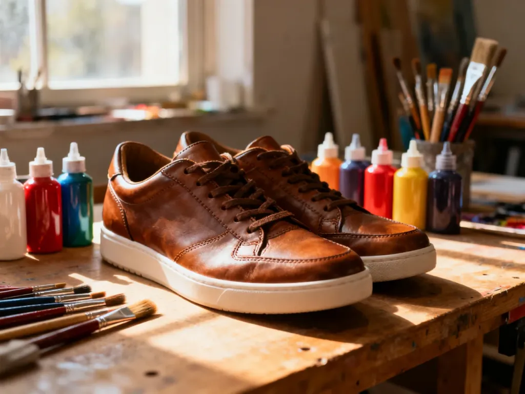 Skórzane sneakersy na warsztacie w otoczeniu pędzli i farb, przygotowane do profesjonalnej personalizacji obuwia.