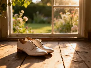 Eleganckie czarne szpilki na minimalistycznym białym tle w słonecznym, nowoczesnym wnętrzu.