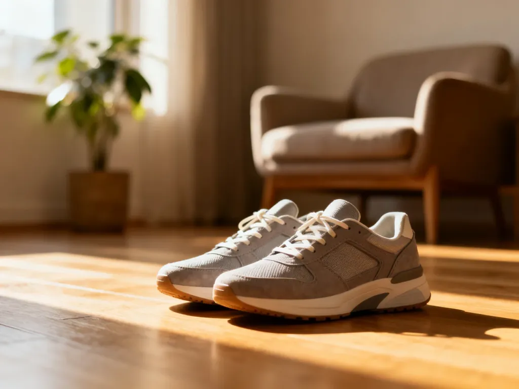 Nowoczesne, wygodne sneakersy na drewnianej podłodze w minimalistycznym wnętrzu, podkreślające styl codziennego obuwia.