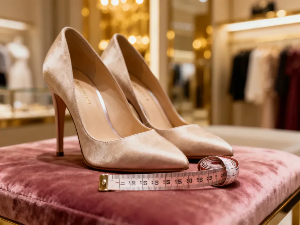 Eleganckie szpilki na aksamitnym tle z miarką krawiecką, podkreślające znaczenie precyzyjnego doboru rozmiaru obuwia.