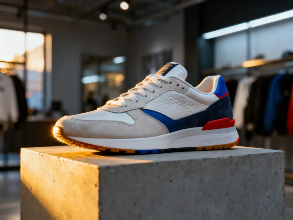Nowoczesne sneakersy z wysokiej jakości skóry wyeksponowane na betonowym postumencie w stylowym butiku.