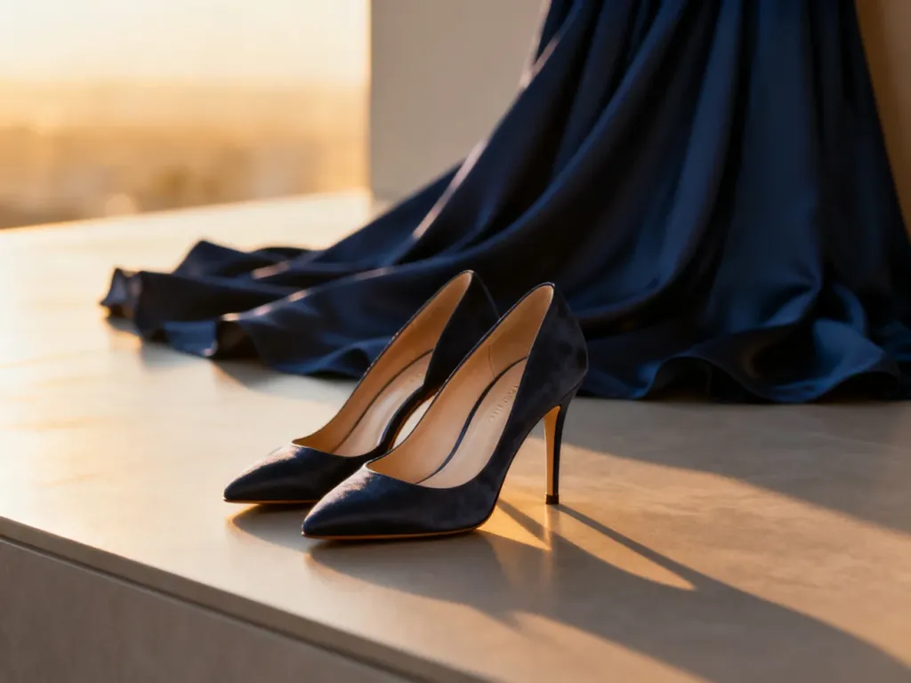 Eleganckie szpilki zestawione z granatową sukienką, prezentujące stylową propozycję obuwia do wieczorowej kreacji.