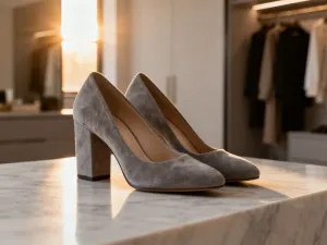 Eleganckie szmaragdowe czółenka z weluru z satynową kokardą na marmurowym blacie w luksusowej garderobie.