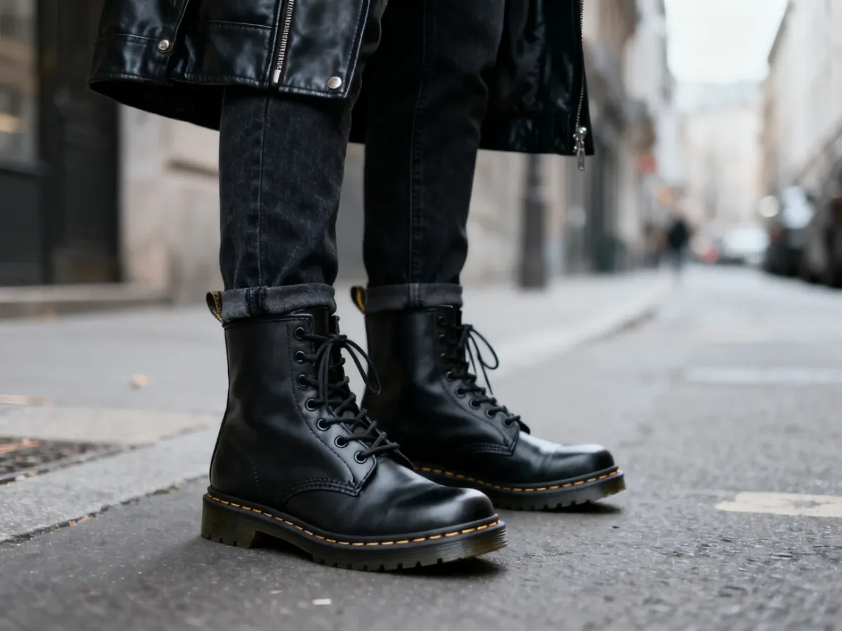 Czarne ciężkie buty w miejskiej stylizacji z jeansami i skórzaną kurtką