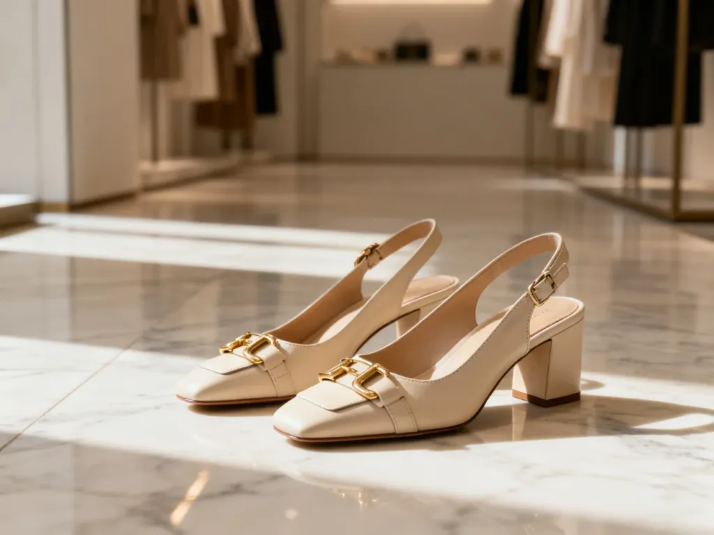 Eleganckie skórzane szpilki typu slingback ze złotymi klamrami na marmurowej podłodze w minimalistycznym butiku.