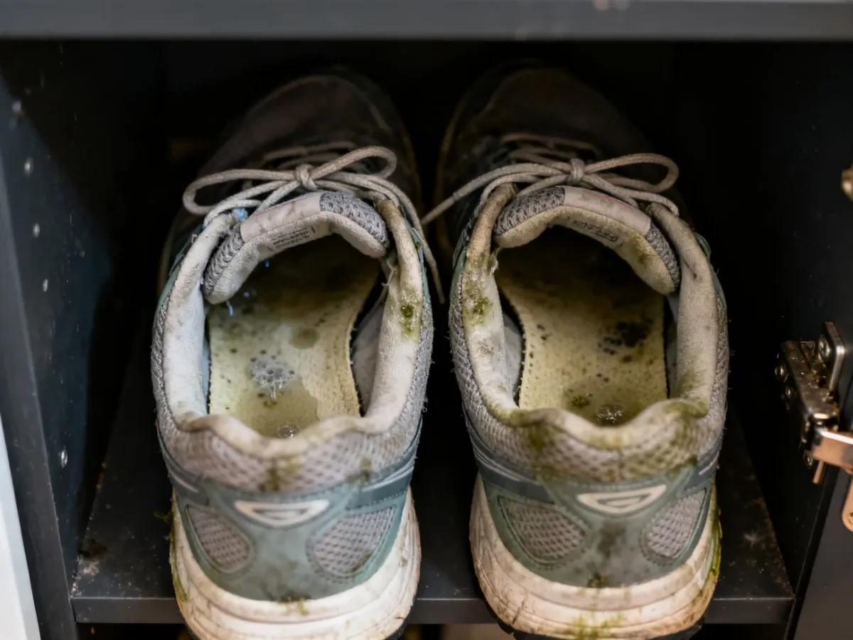 Wilgotne buty sportowe w zamkniętej szafce, sprzyjające powstawaniu nieprzyjemnego zapachu