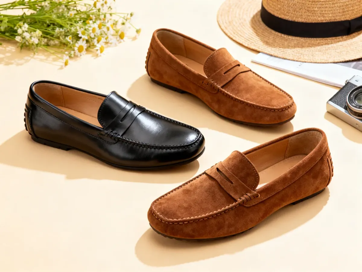 Trzy różne rodzaje męskich mokasynów skórzanych: czarne, brązowe zamszowe i driving shoes