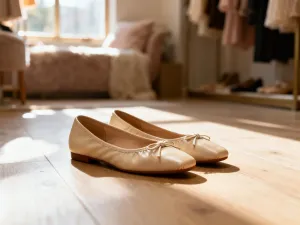 Eleganckie skórzane czółenka o tęgości H na beżowym tle w minimalistycznym wnętrzu butiku.