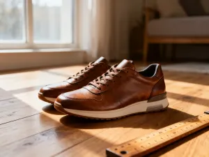 Czyste, białe sneakersy na drewnianej podłodze na tle minimalistycznej garderoby, idealne do codziennych stylizacji.