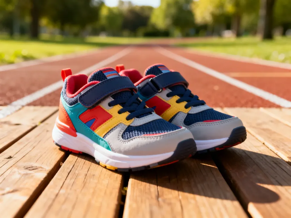 Kolorowe buty sportowe dla dziecka ustawione na drewnianej bieżni w słoneczny dzień w parku.