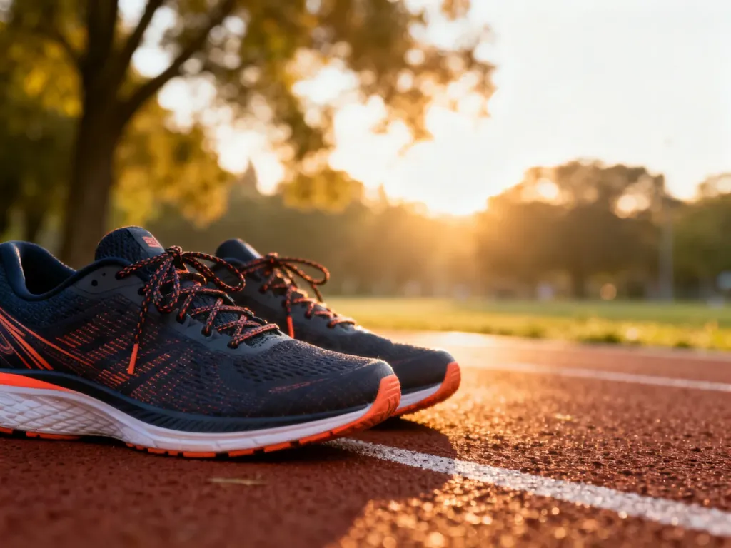 Profesjonalne buty do biegania ustawione na bieżni lekkoatletycznej w świetle poranka.