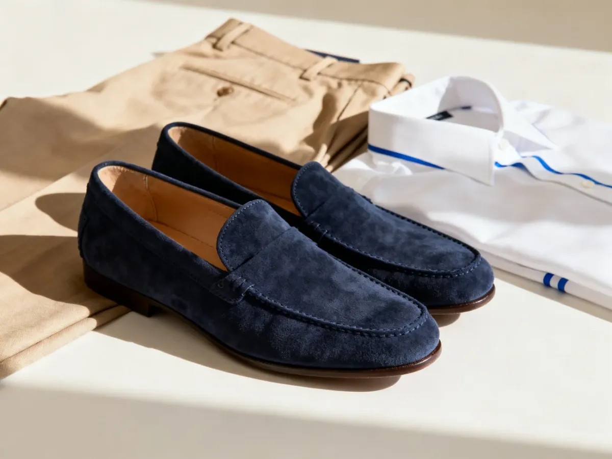 Granatowe zamszowe loafersy w otoczeniu elementów stylizacji smart casual