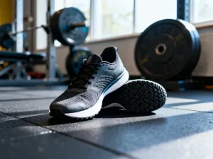 Kartonowe pudełko z logo marki sportowej na drewnianym stole w słonecznym salonie.