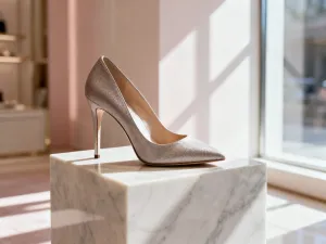 Eleganckie, jasne buty ślubne na drewnianej podłodze w promieniach letniego słońca, idealne na wesele w plenerze.
