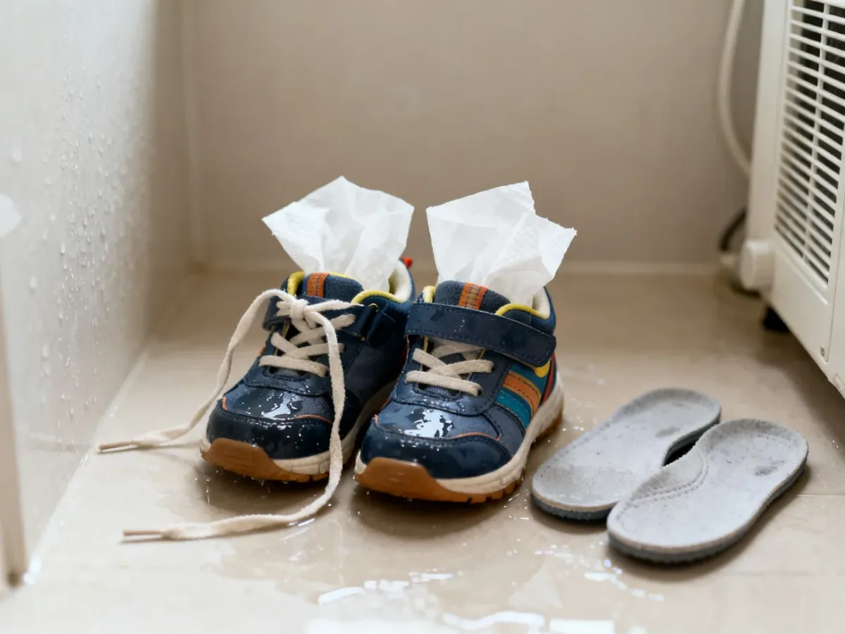 Mokre buty dziecięce wypełnione papierem, suszące się w przewiewnym miejscu