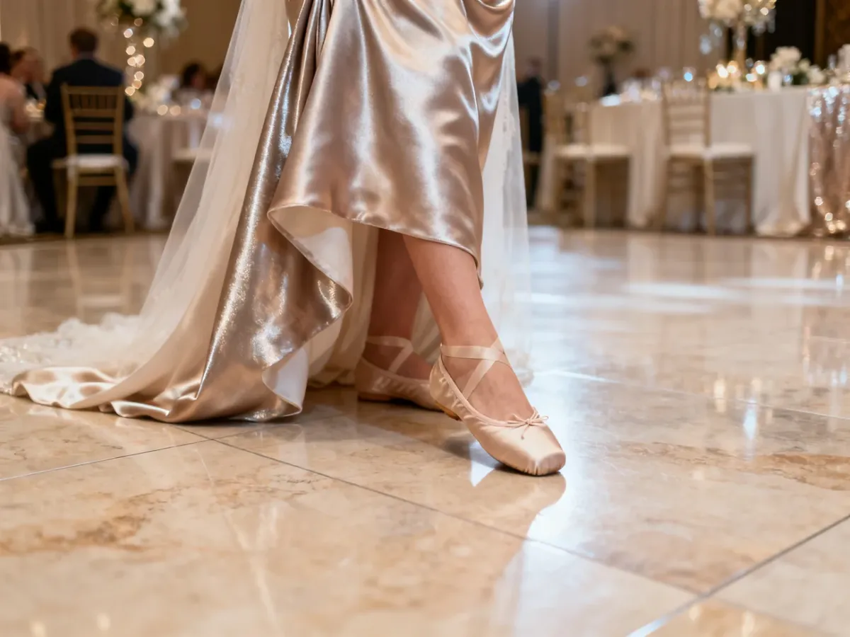 Eleganckie baleriny wizytowe zestawione ze stylizacją na wesele