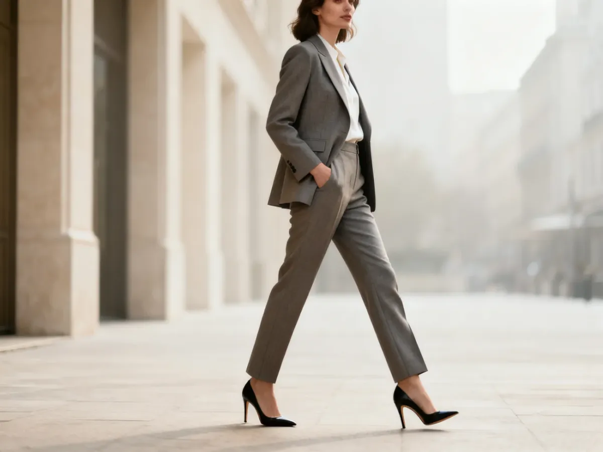 Kobieta w szpilkach i eleganckiej stylizacji podkreślającej wydłużenie nóg