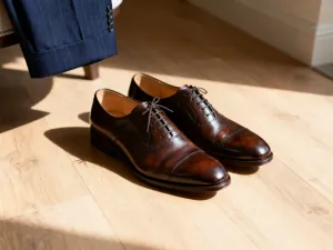 Nowoczesne, lekkie buty robocze na drewnianym stole warsztatowym w profesjonalnym otoczeniu.